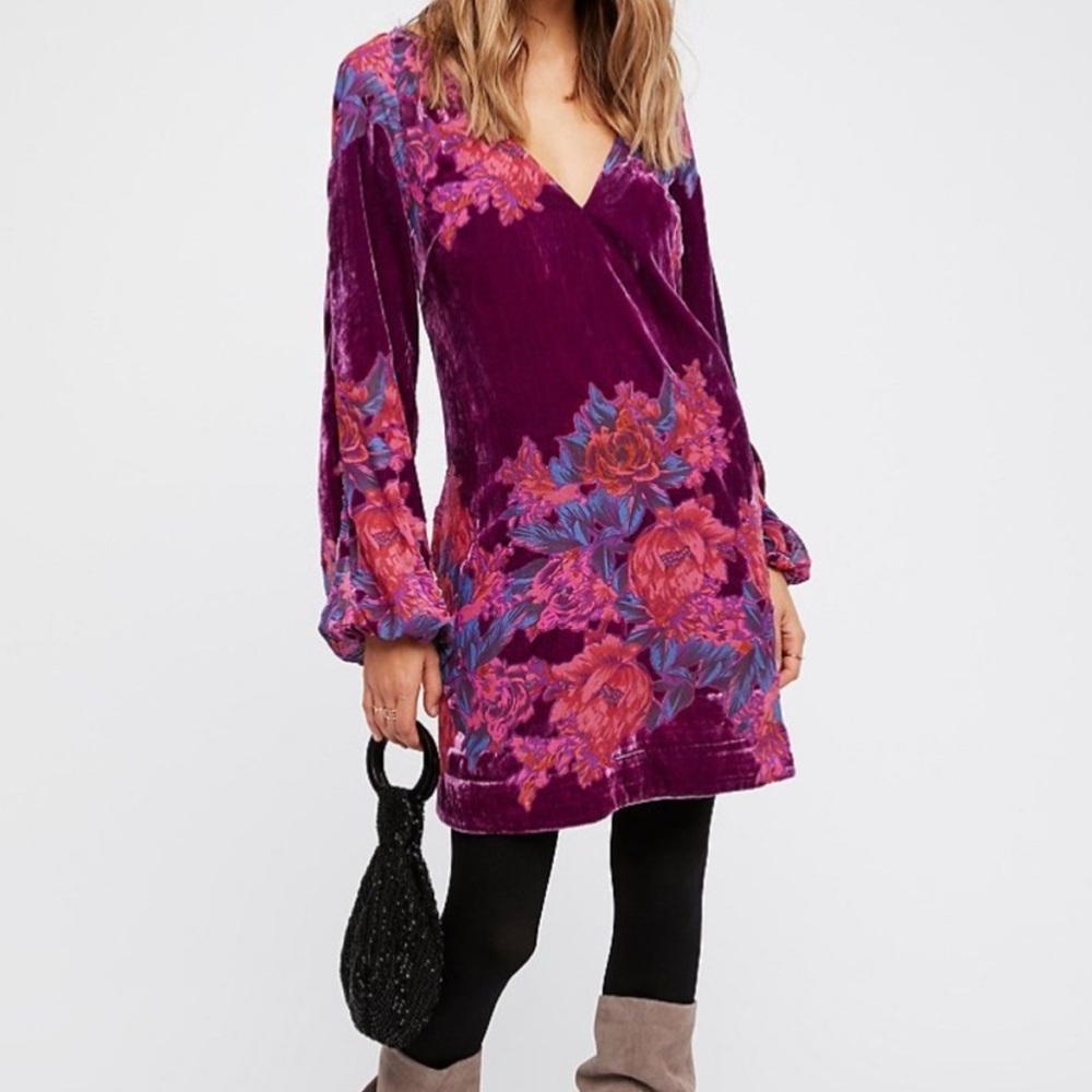 Free People Velvet Misha Bishop Sleeve V-Neck Dress